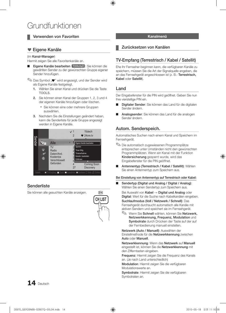 Grundfunktionen, Ch list, Eigene kanäle | Senderliste, Tv-empfang (terrestrisch / kabel / satellit), Land, Autom. senderspeich | Samsung PS50C6970YS User Manual | Page 78 / 256