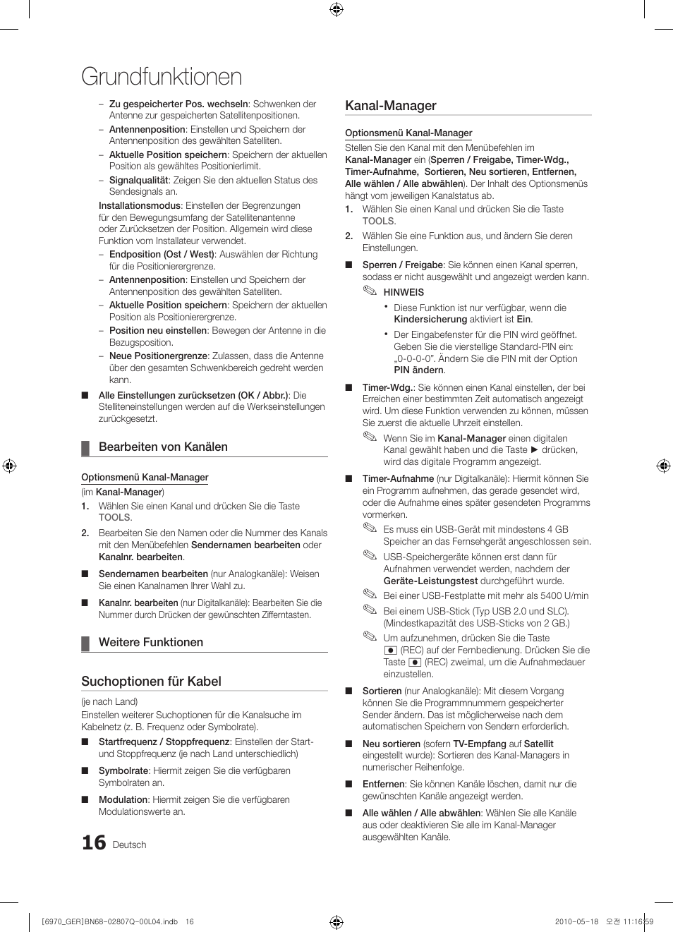 Grundfunktionen, Suchoptionen für kabel, Kanal-manager | Samsung PS50C6970YS User Manual | Page 80 / 256