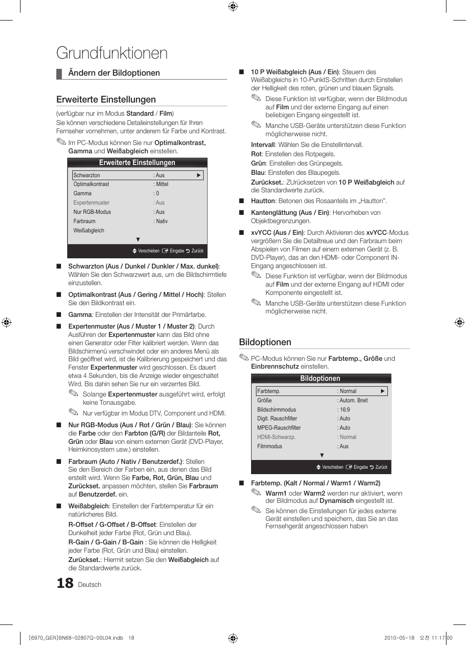 Grundfunktionen, Erweiterte einstellungen, Bildoptionen | Samsung PS50C6970YS User Manual | Page 82 / 256