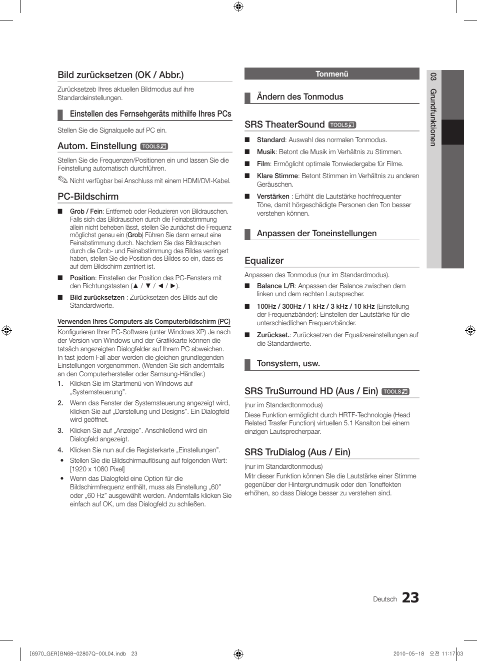 Bild zurücksetzen (ok / abbr.), Autom. einstellung, Pc-bildschirm | Srs theatersound, Equalizer, Srs trusurround hd (aus / ein), Srs trudialog (aus / ein) | Samsung PS50C6970YS User Manual | Page 87 / 256