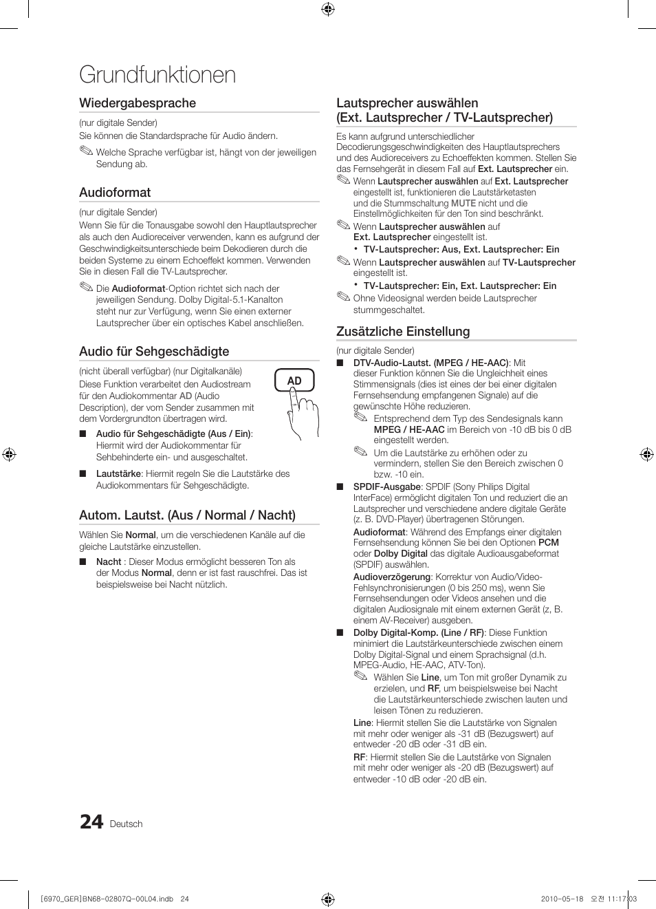 Grundfunktionen, Wiedergabesprache, Audioformat | Audio für sehgeschädigte, Autom. lautst. (aus / normal / nacht), Zusätzliche einstellung | Samsung PS50C6970YS User Manual | Page 88 / 256