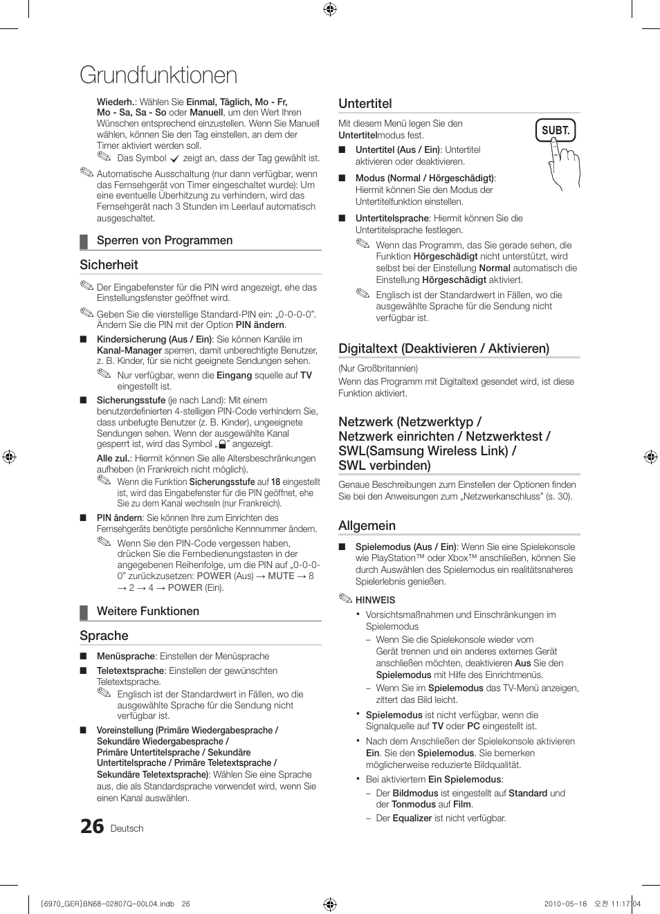 Grundfunktionen, Sicherheit, Sprache | Untertitel, Digitaltext (deaktivieren / aktivieren), Allgemein | Samsung PS50C6970YS User Manual | Page 90 / 256