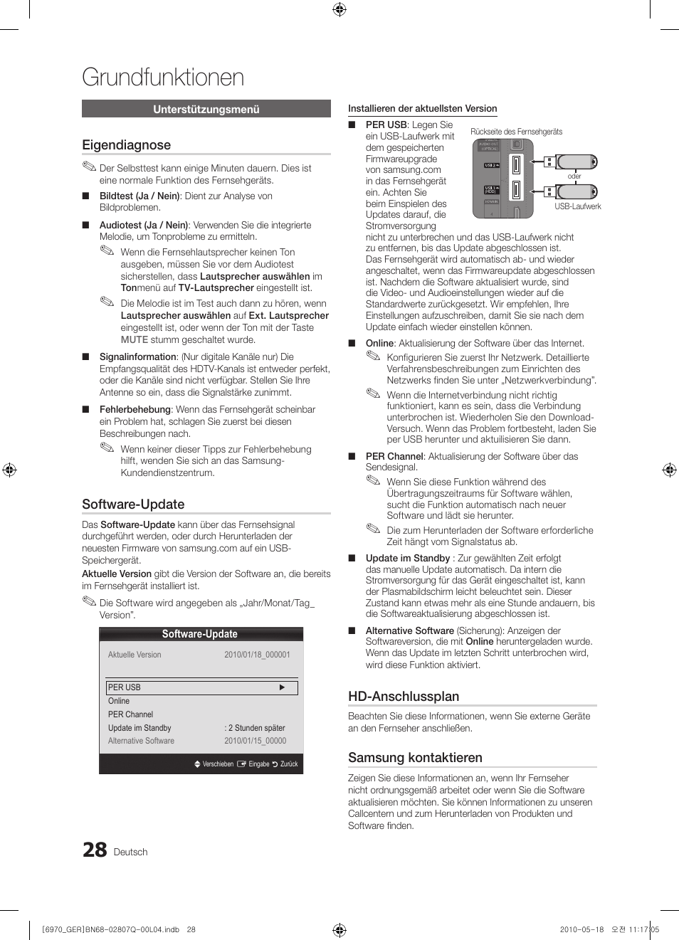 Grundfunktionen, Eigendiagnose, Software-update | Hd-anschlussplan, Samsung kontaktieren | Samsung PS50C6970YS User Manual | Page 92 / 256