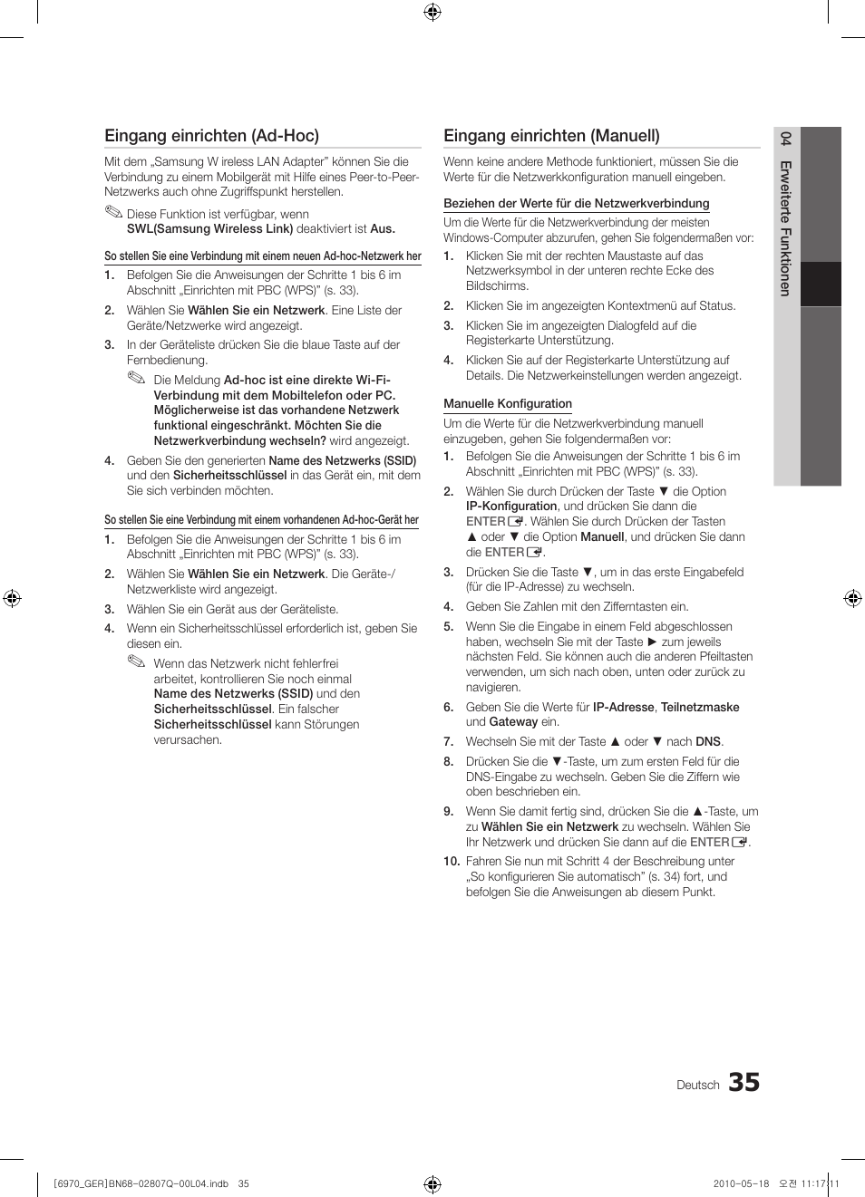 Eingang einrichten (ad-hoc), Eingang einrichten (manuell) | Samsung PS50C6970YS User Manual | Page 99 / 256