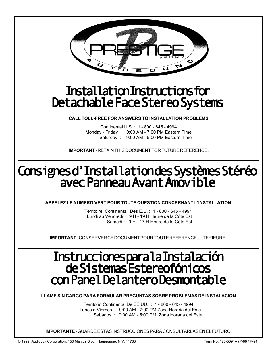 Audiovox Prestige Detachable Face Stereo Systems User Manual | 4 pages