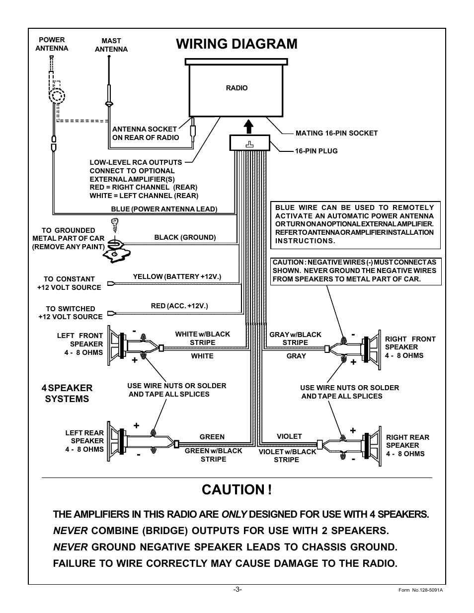 Wiring diagram, Caution | Audiovox Prestige Detachable Face Stereo Systems User Manual | Page 4 / 4