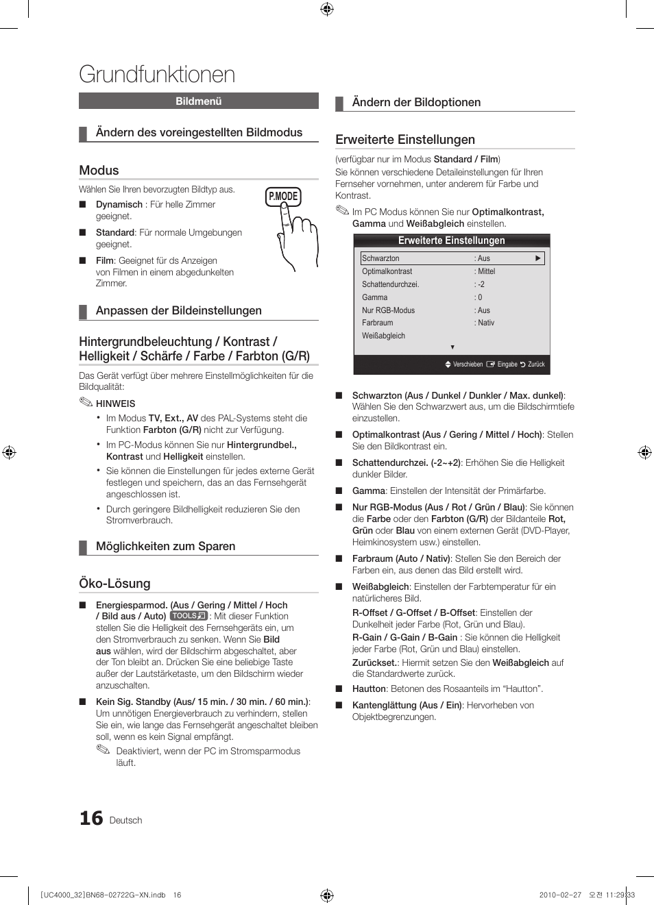 Grundfunktionen, Modus, Öko-lösung | Erweiterte einstellungen | Samsung UE32C4000PW User Manual | Page 104 / 177