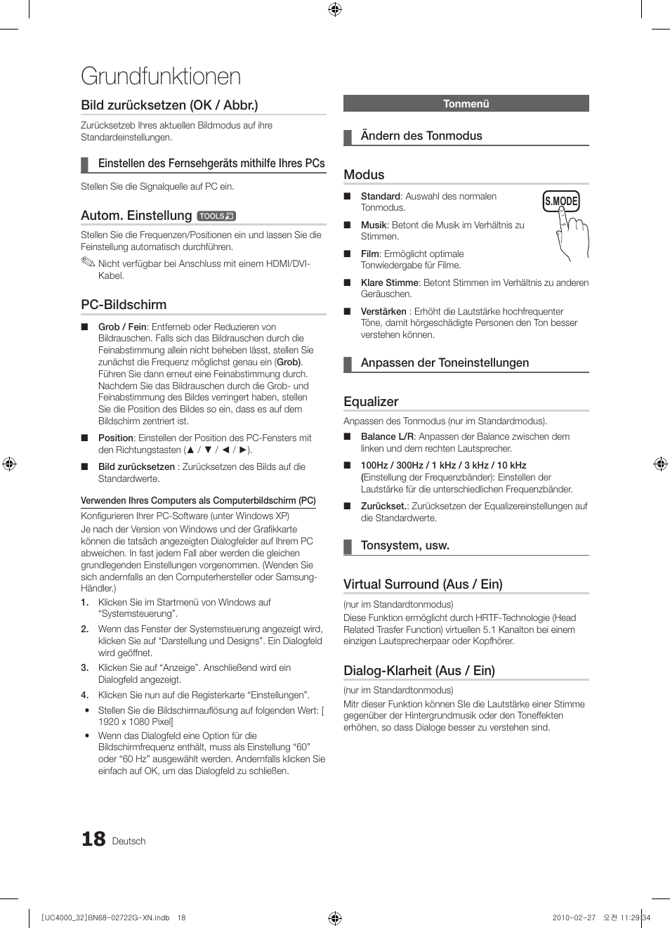 Grundfunktionen, Bild zurücksetzen (ok / abbr.), Autom. einstellung | Pc-bildschirm, Modus, Equalizer, Virtual surround (aus / ein), Dialog-klarheit (aus / ein) | Samsung UE32C4000PW User Manual | Page 106 / 177