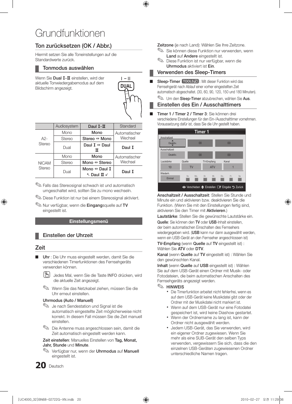 Grundfunktionen, Ton zurücksetzen (ok / abbr.), Zeit | Samsung UE32C4000PW User Manual | Page 108 / 177