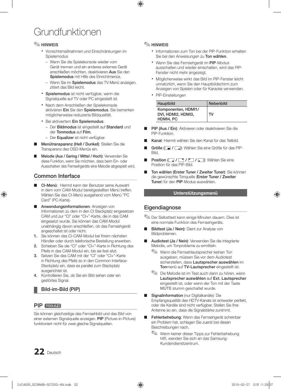 Grundfunktionen, Common interface, Eigendiagnose | Samsung UE32C4000PW User Manual | Page 110 / 177