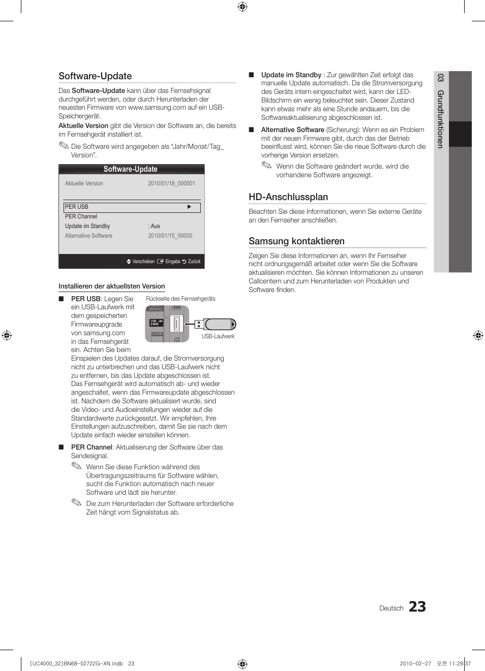 Software-update, Hd-anschlussplan, Samsung kontaktieren | Samsung UE32C4000PW User Manual | Page 111 / 177