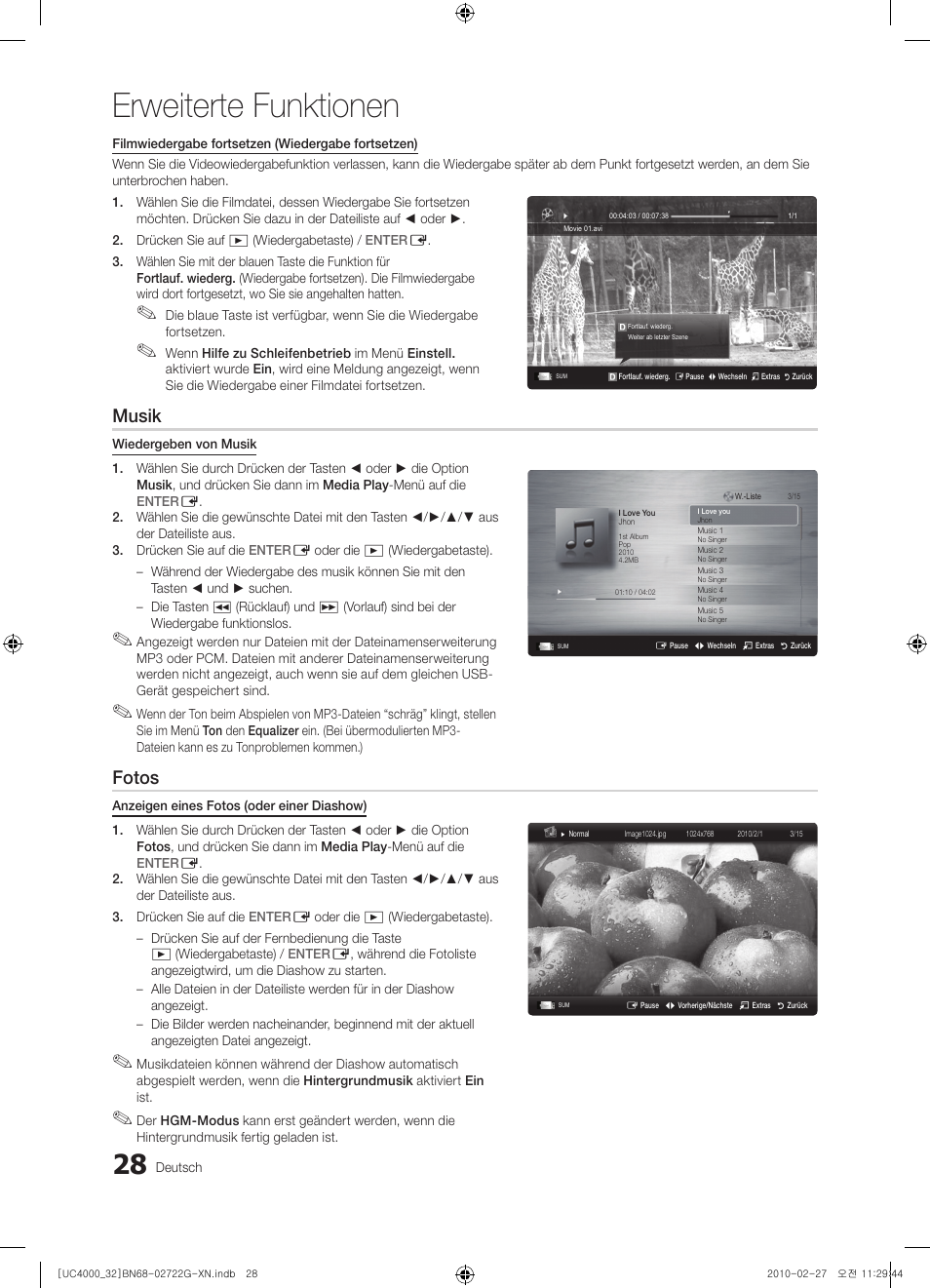 Erweiterte funktionen, Musik, Fotos | Samsung UE32C4000PW User Manual | Page 116 / 177