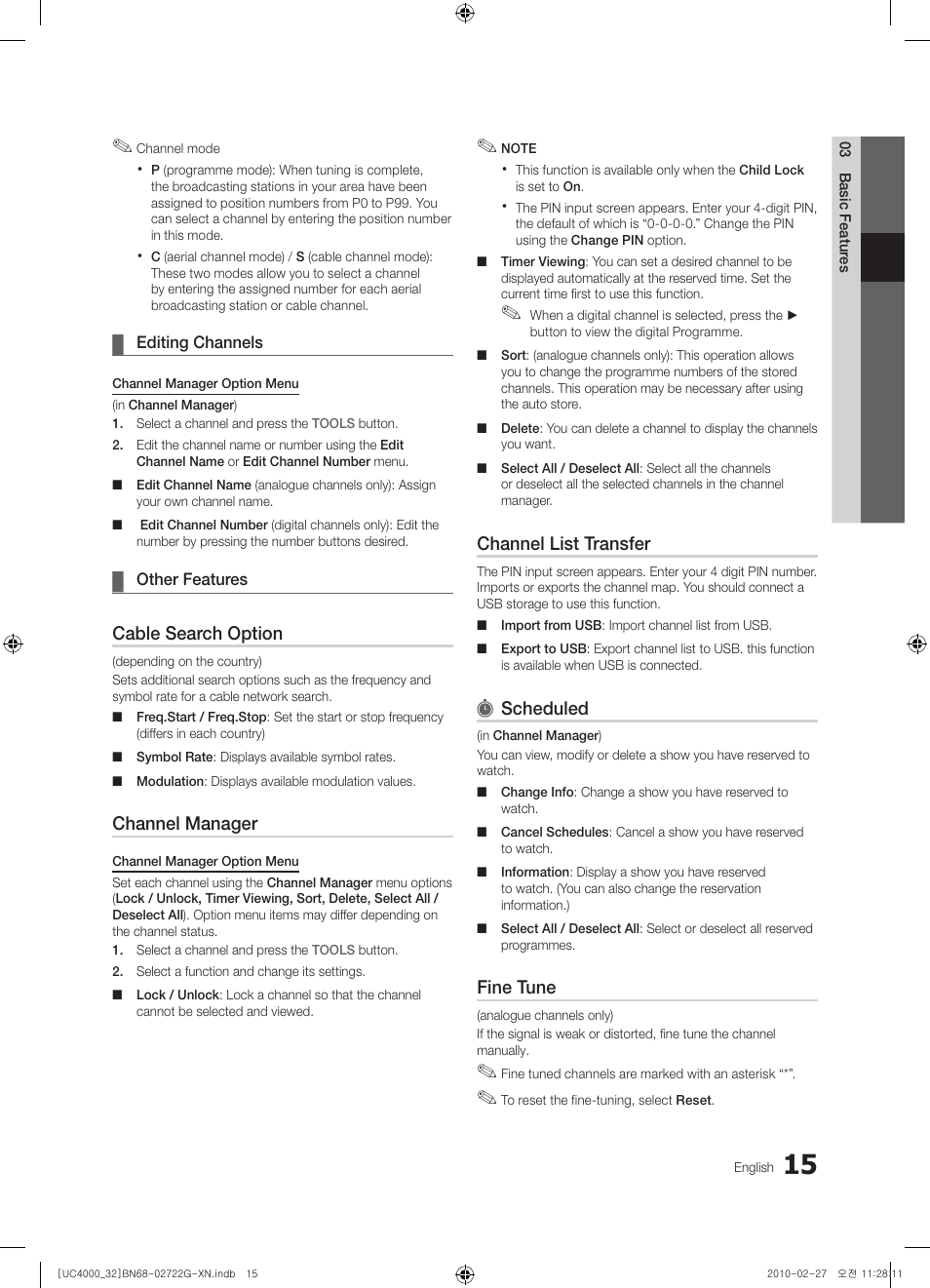 Cable search option, Channel manager, Channel list transfer | Scheduled, Fine tune | Samsung UE32C4000PW User Manual | Page 15 / 177