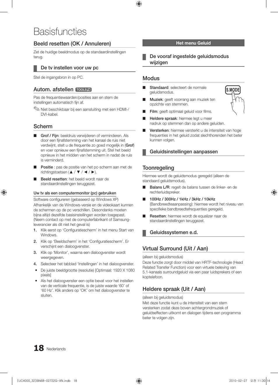 Basisfuncties, Beeld resetten (ok / annuleren), Autom. afstellen | Scherm, Modus, Toonregeling, Virtual surround (uit / aan), Heldere spraak (uit / aan) | Samsung UE32C4000PW User Manual | Page 150 / 177