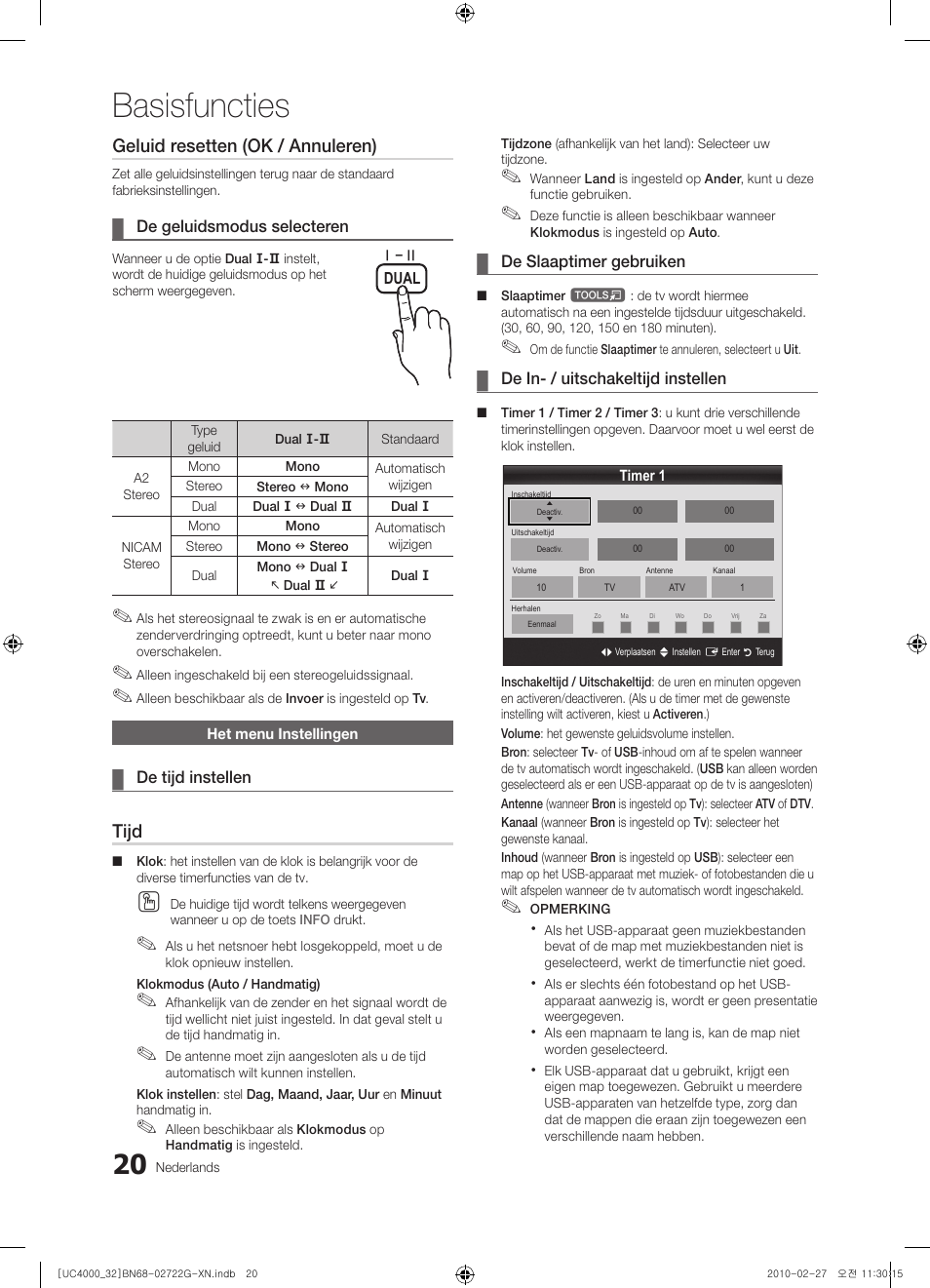 Basisfuncties, Geluid resetten (ok / annuleren), Tijd | Samsung UE32C4000PW User Manual | Page 152 / 177