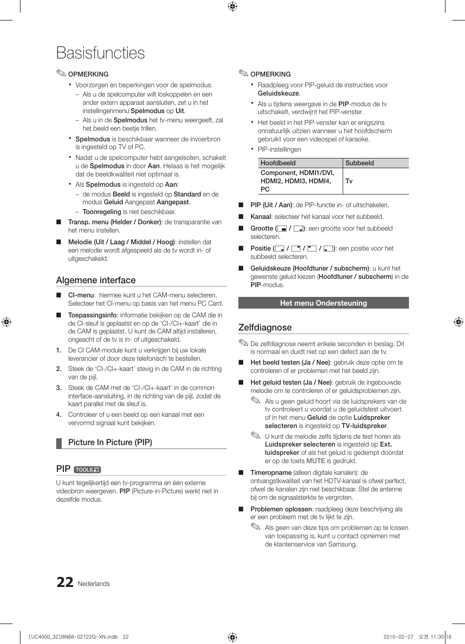 Basisfuncties, Algemene interface, Zelfdiagnose | Samsung UE32C4000PW User Manual | Page 154 / 177