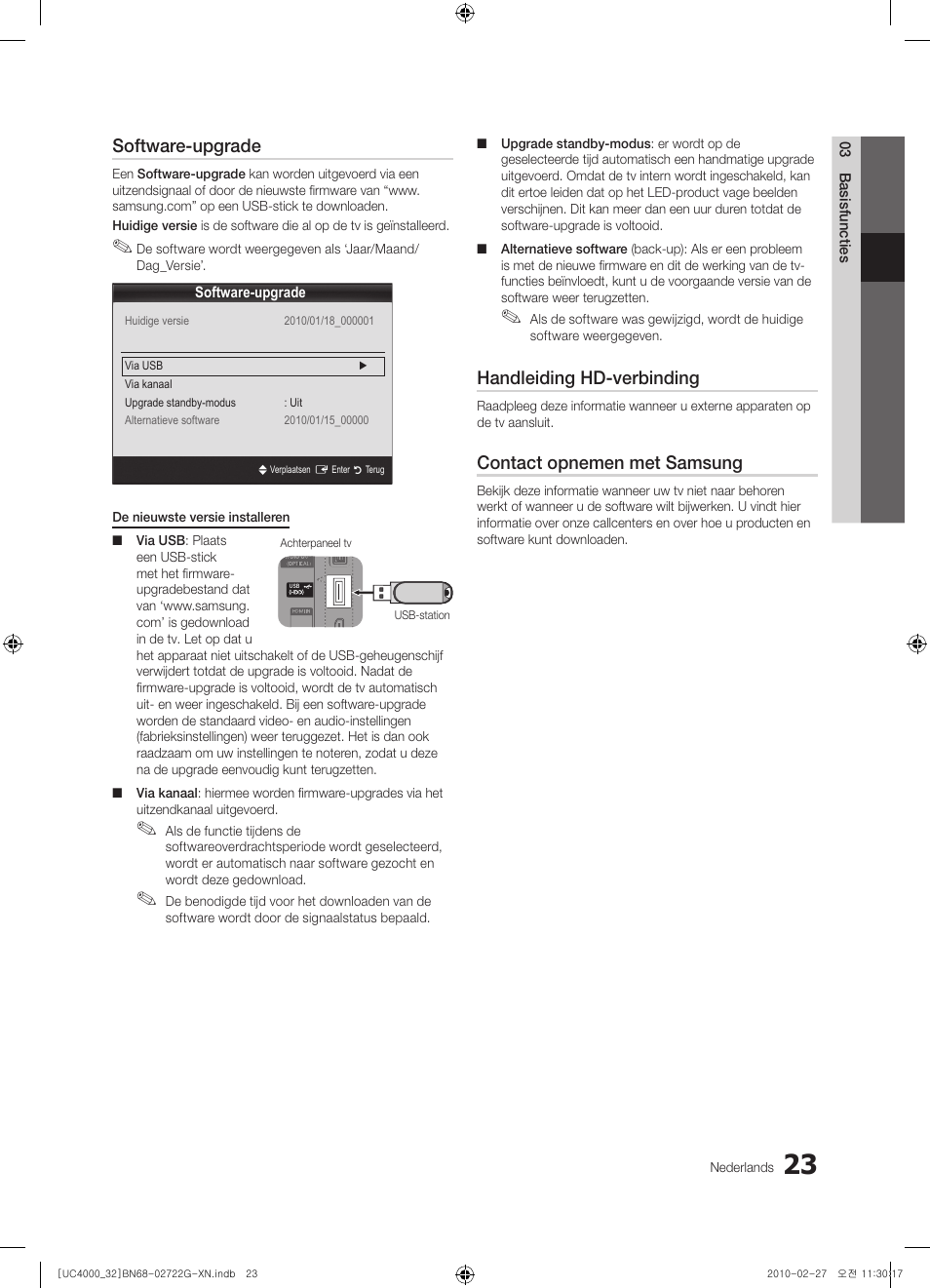 Software-upgrade, Handleiding hd-verbinding, Contact opnemen met samsung | Samsung UE32C4000PW User Manual | Page 155 / 177