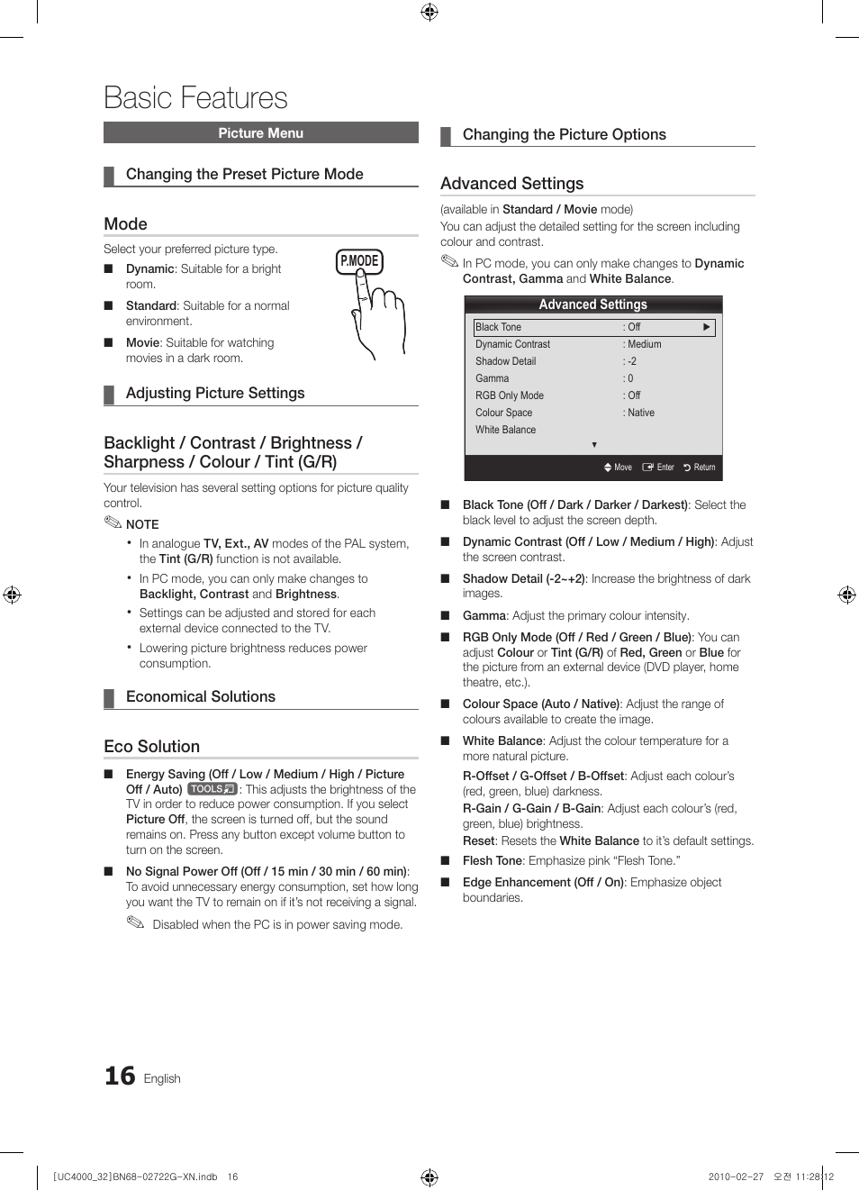 Basic features, Mode, Eco solution | Advanced settings | Samsung UE32C4000PW User Manual | Page 16 / 177