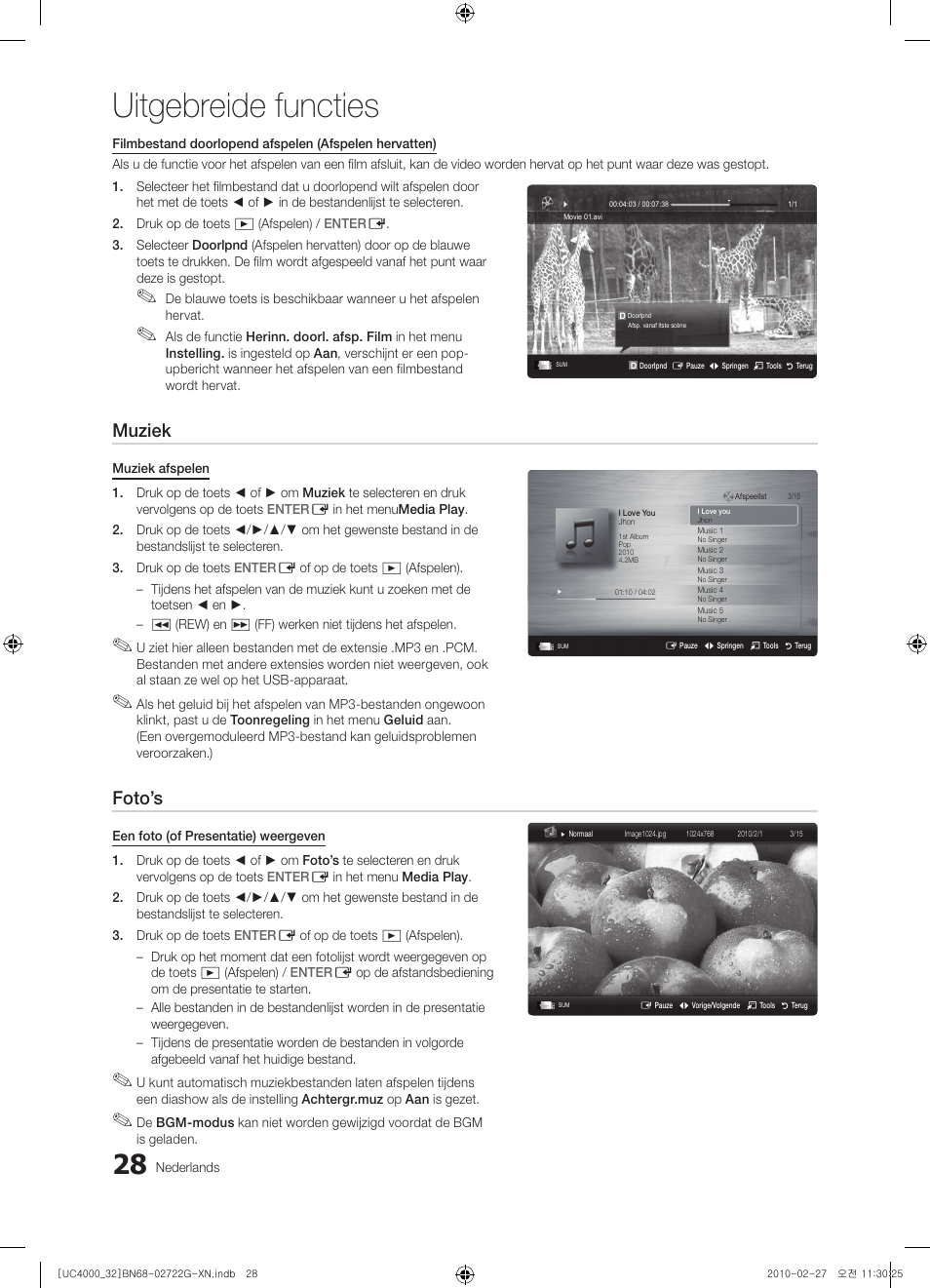 Uitgebreide functies, Muziek, Foto’s | Samsung UE32C4000PW User Manual | Page 160 / 177