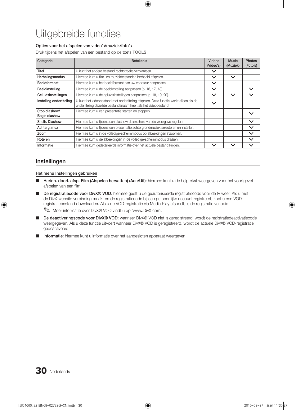 Uitgebreide functies, Instellingen | Samsung UE32C4000PW User Manual | Page 162 / 177