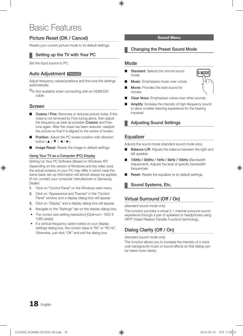 Basic features, Picture reset (ok / cancel), Auto adjustment | Screen, Mode, Equalizer, Virtual surround (off / on), Dialog clarity (off / on) | Samsung UE32C4000PW User Manual | Page 18 / 177