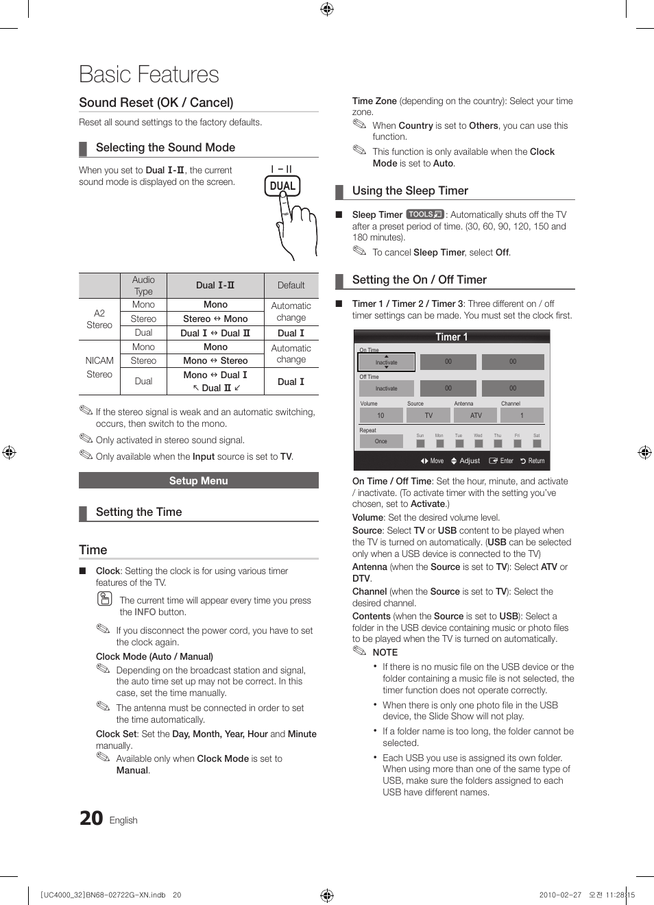 Basic features, Sound reset (ok / cancel), Time | Samsung UE32C4000PW User Manual | Page 20 / 177