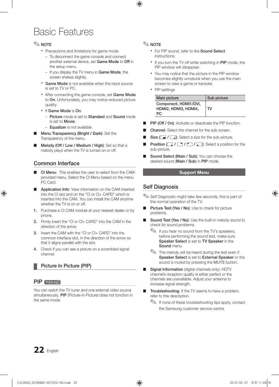 Basic features, Common interface, Self diagnosis | Samsung UE32C4000PW User Manual | Page 22 / 177