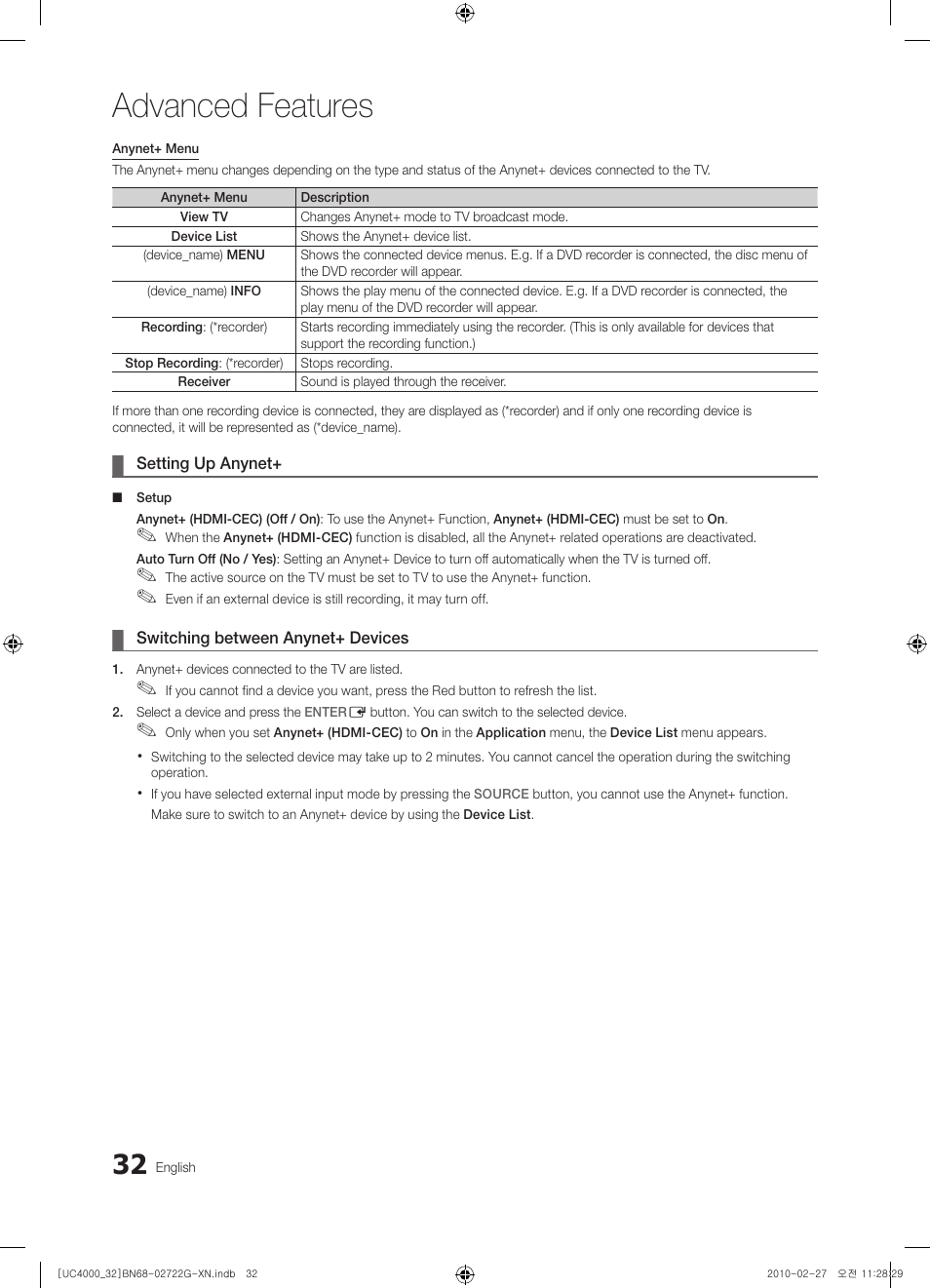 Advanced features | Samsung UE32C4000PW User Manual | Page 32 / 177