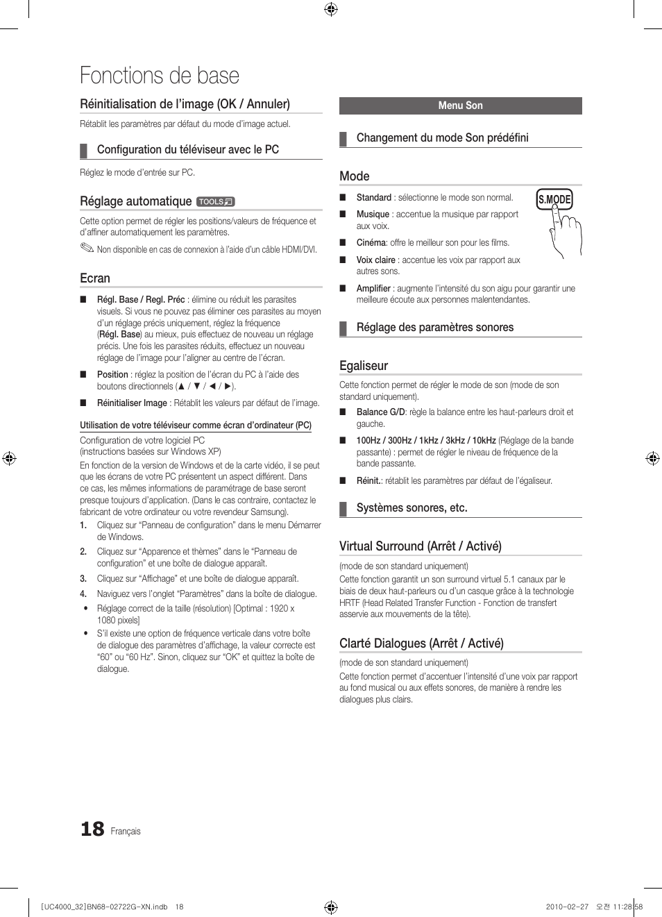 Fonctions de base, Réinitialisation de l’image (ok / annuler), Réglage automatique | Ecran, Mode, Egaliseur, Virtual surround (arrêt / activé), Clarté dialogues (arrêt / activé) | Samsung UE32C4000PW User Manual | Page 62 / 177