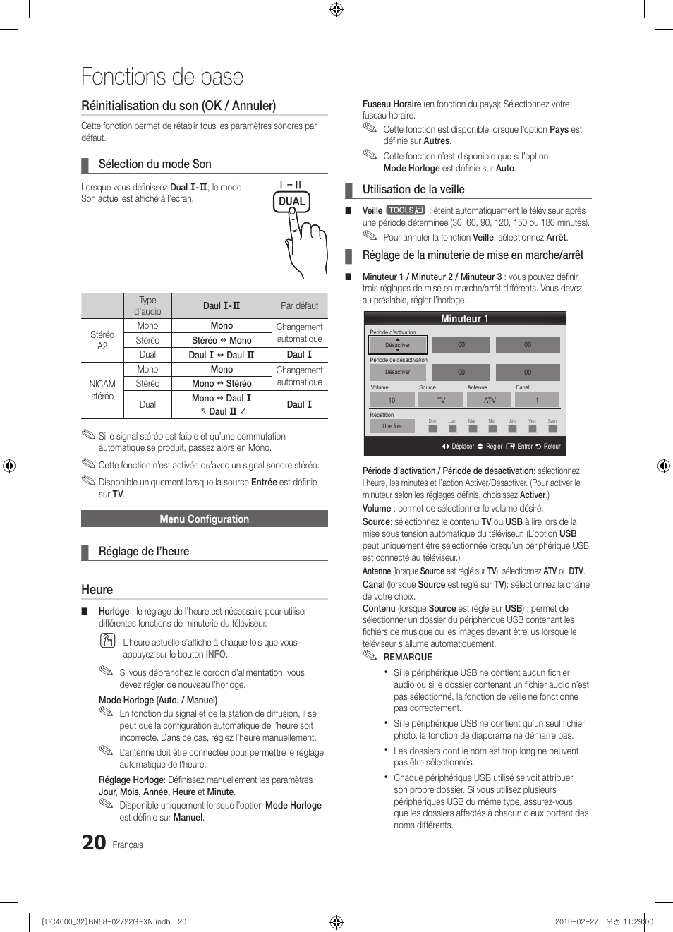 Fonctions de base, Réinitialisation du son (ok / annuler), Heure | Samsung UE32C4000PW User Manual | Page 64 / 177