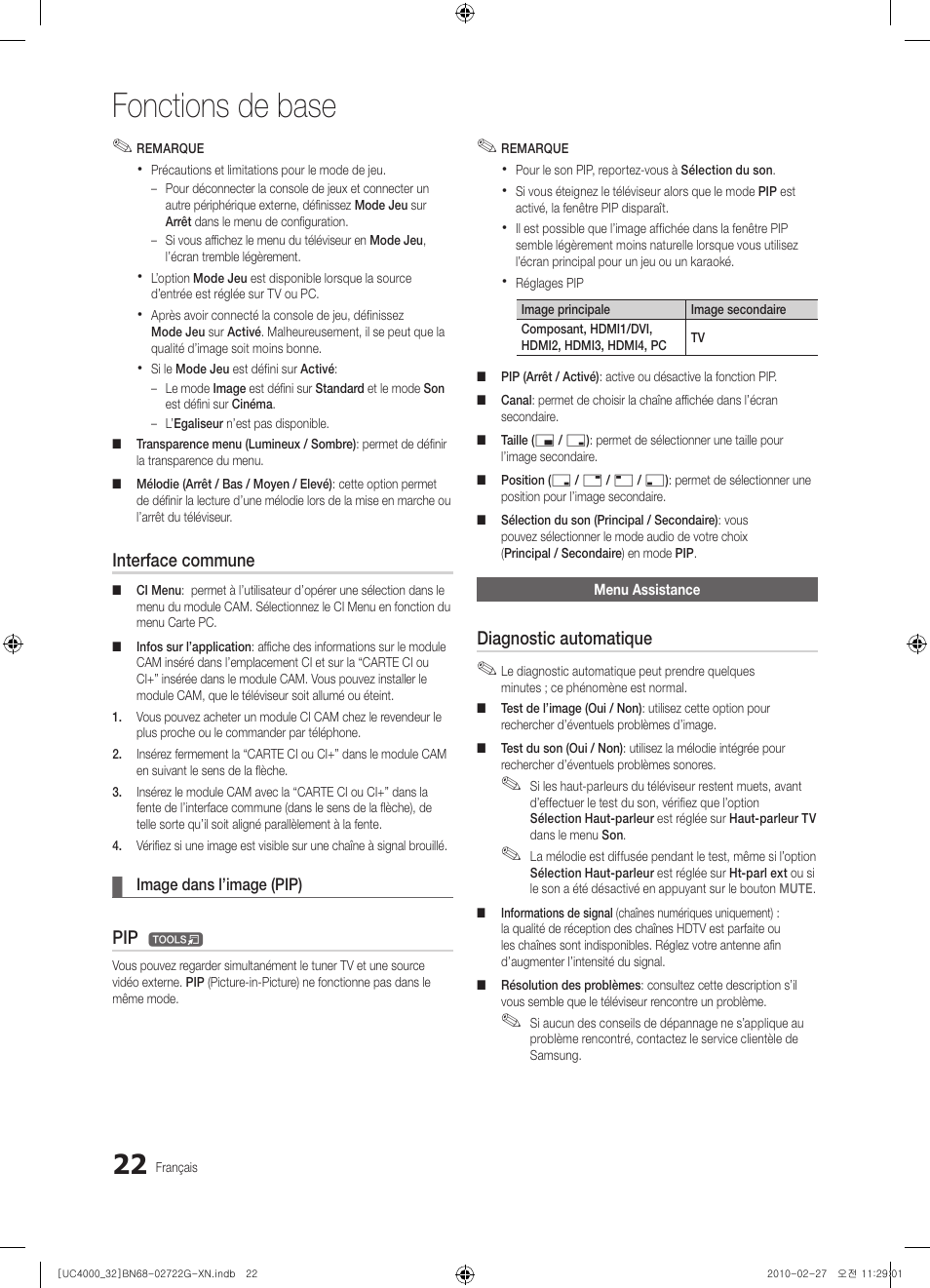 Fonctions de base, Interface commune, Diagnostic automatique | Samsung UE32C4000PW User Manual | Page 66 / 177