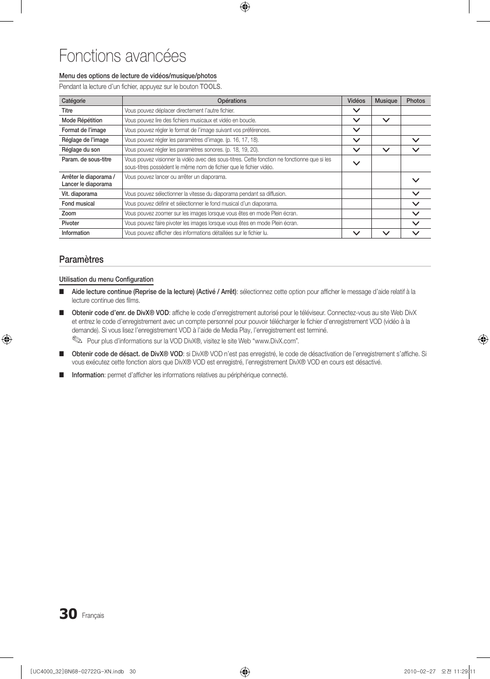 Fonctions avancées, Paramètres | Samsung UE32C4000PW User Manual | Page 74 / 177