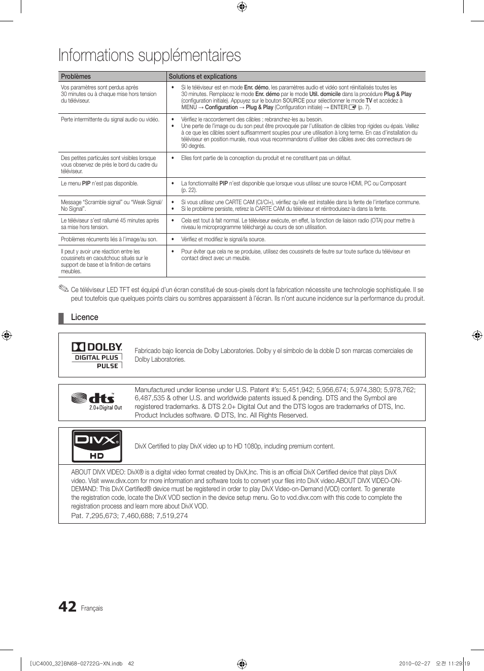 Informations supplémentaires, Licence | Samsung UE32C4000PW User Manual | Page 86 / 177