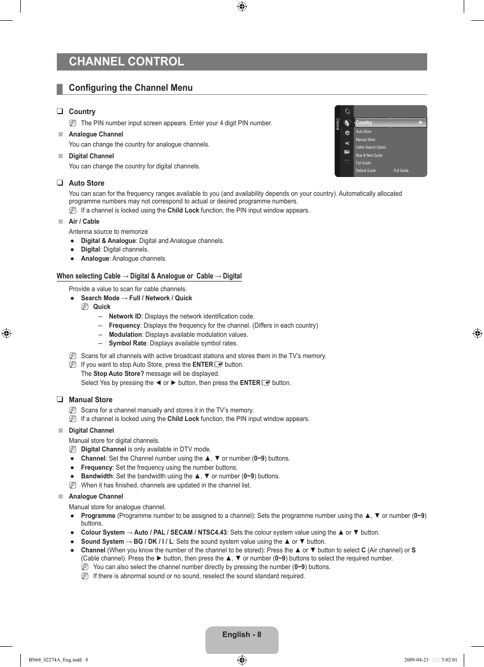 Channel control, Configuring the channel menu | Samsung LE32B530P7N User Manual | Page 10 / 282
