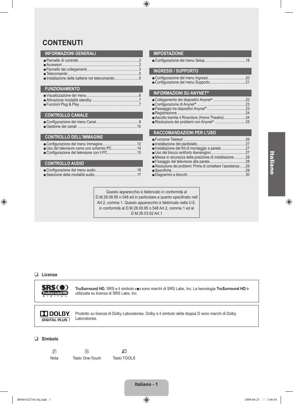 Contenuti, Italiano | Samsung LE32B530P7N User Manual | Page 123 / 282