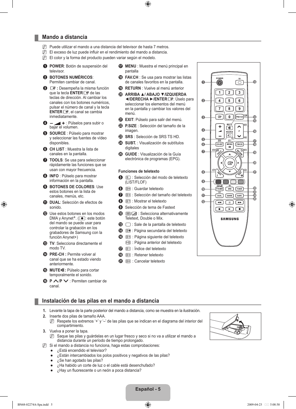 Mando a distancia, Instalación de las pilas en el mando a distancia | Samsung LE32B530P7N User Manual | Page 159 / 282
