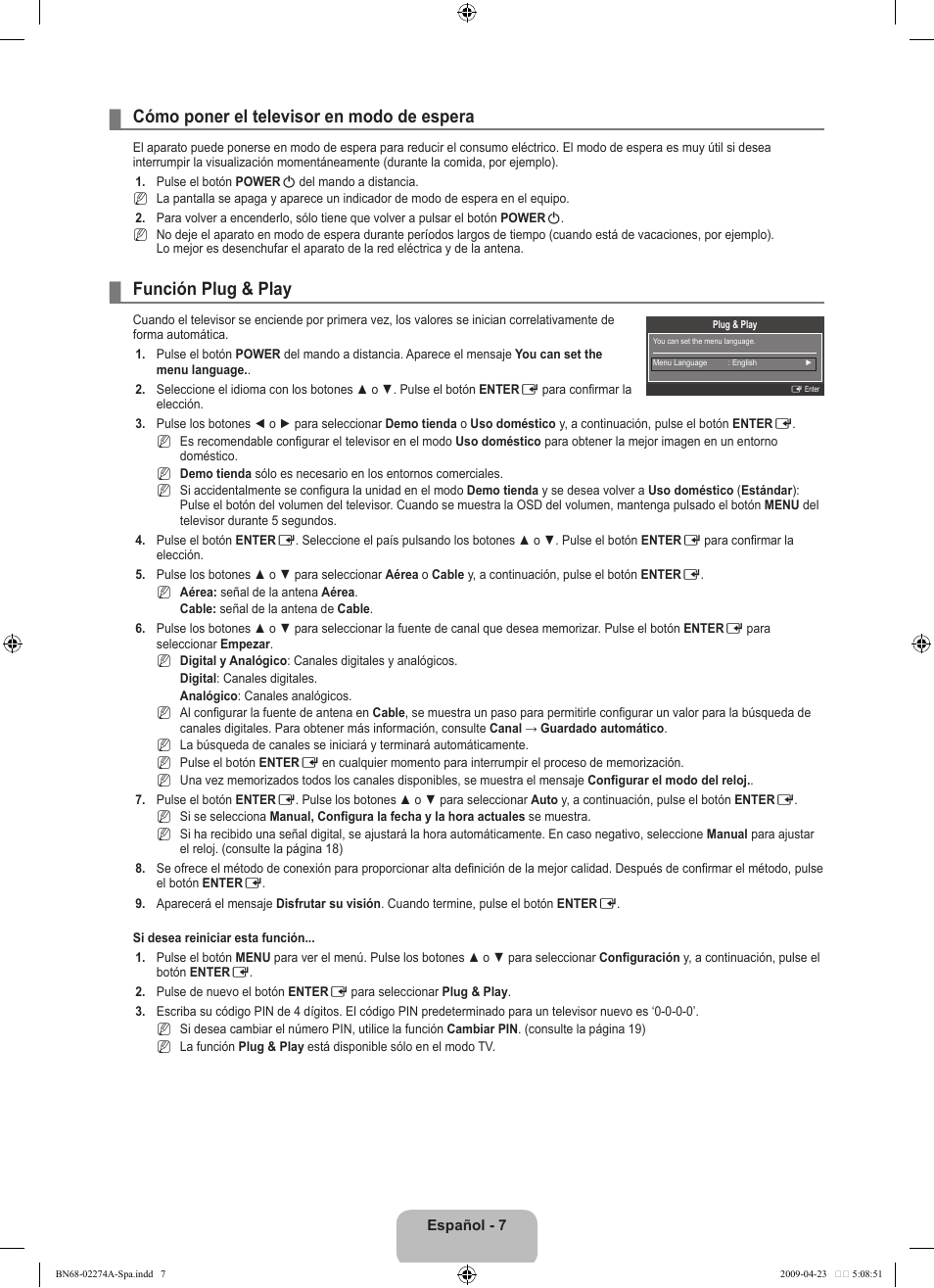 Cómo poner el televisor en modo de espera, Función plug & play | Samsung LE32B530P7N User Manual | Page 161 / 282