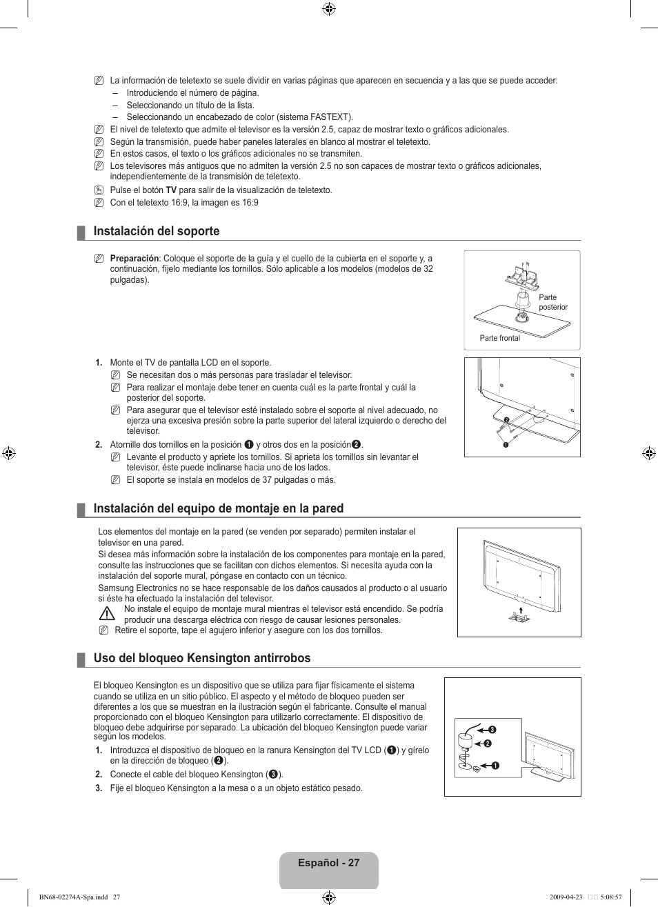 Instalación del soporte, Instalación del equipo de montaje en la pared, Uso del bloqueo kensington antirrobos | Samsung LE32B530P7N User Manual | Page 181 / 282