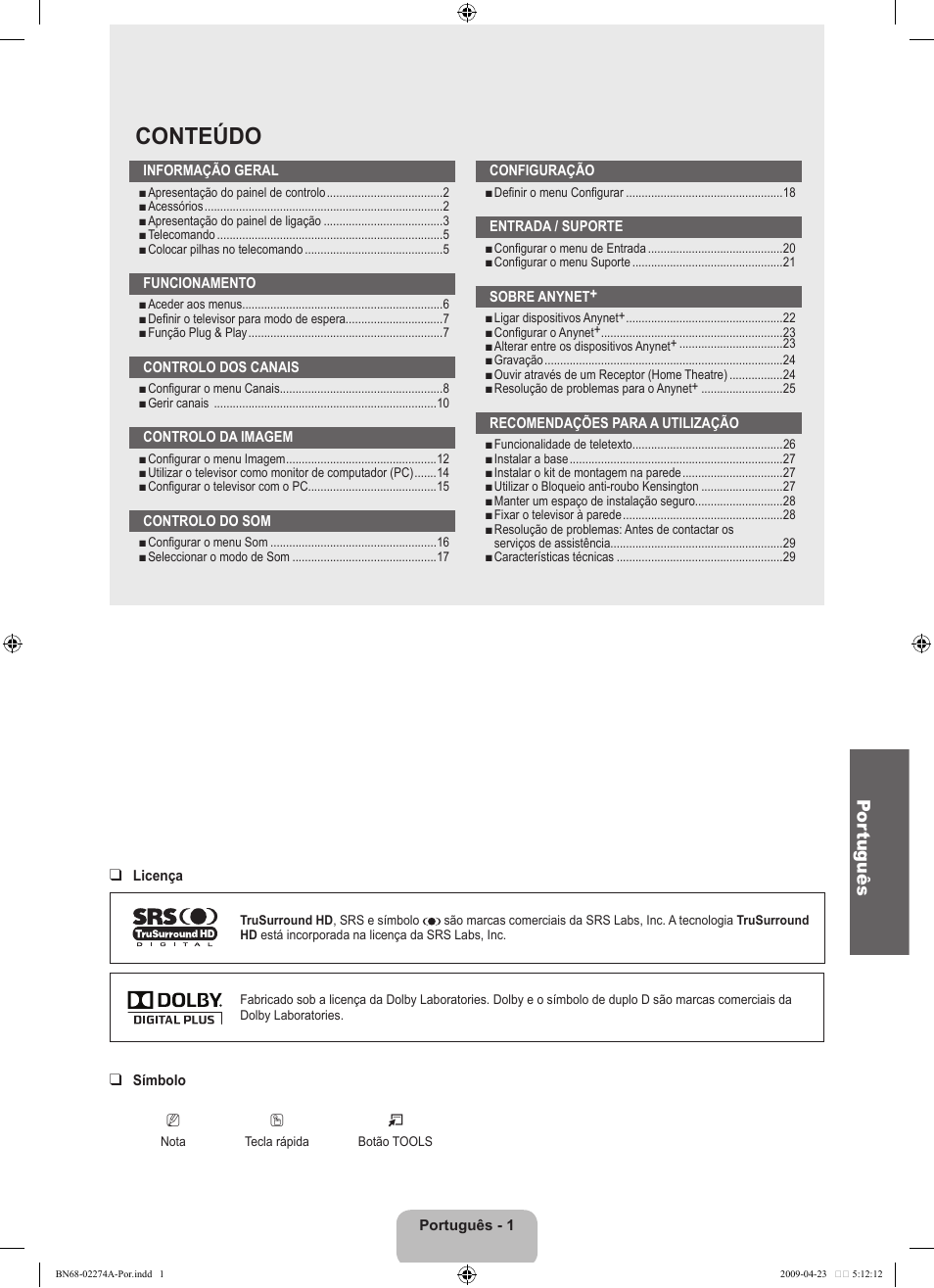 Conteúdo, Por tuguês | Samsung LE32B530P7N User Manual | Page 185 / 282