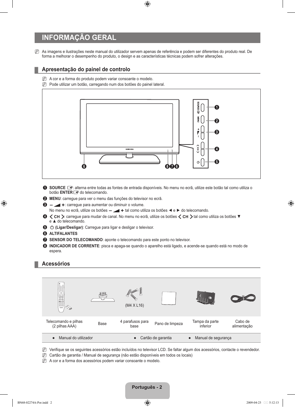 Informação geral, Apresentação do painel de controlo, Acessórios | Samsung LE32B530P7N User Manual | Page 186 / 282