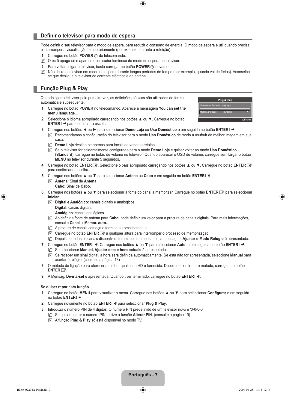 Definir o televisor para modo de espera, Função plug & play | Samsung LE32B530P7N User Manual | Page 191 / 282