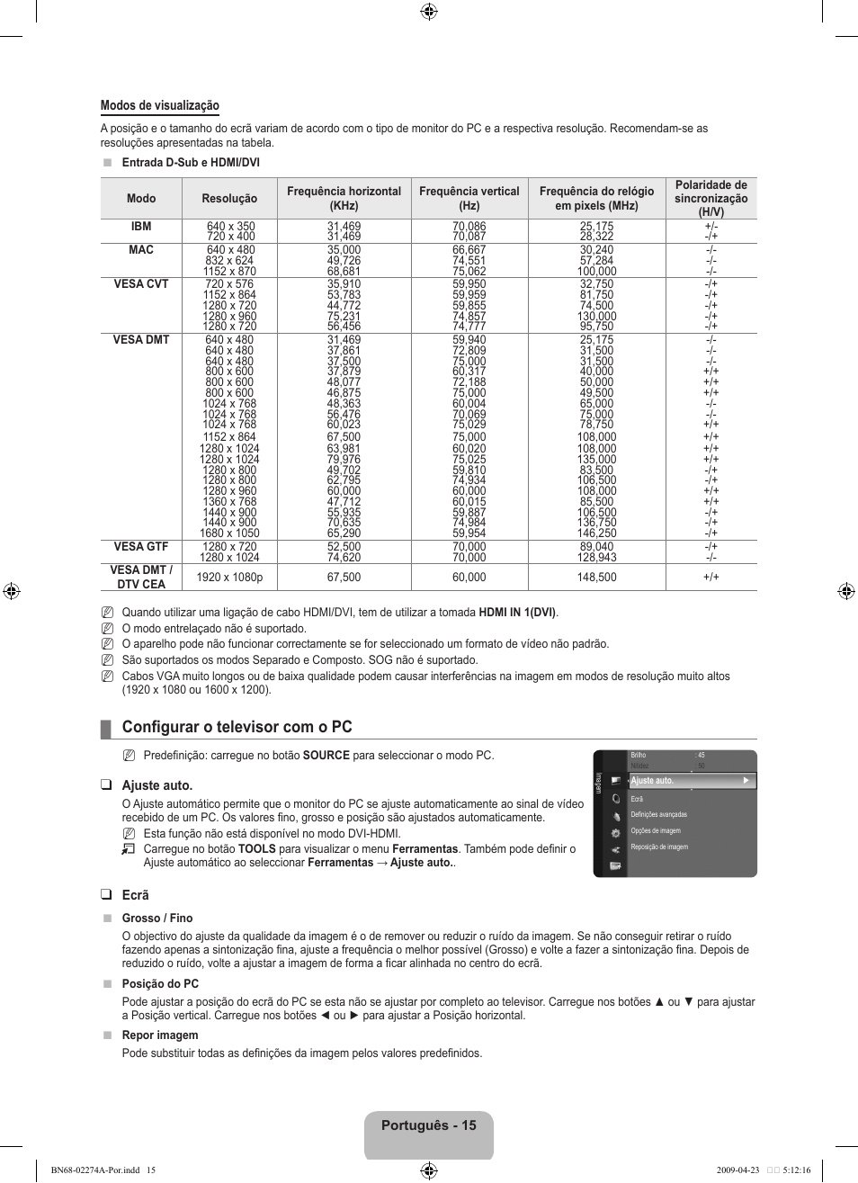 Configurar o televisor com o pc | Samsung LE32B530P7N User Manual | Page 199 / 282