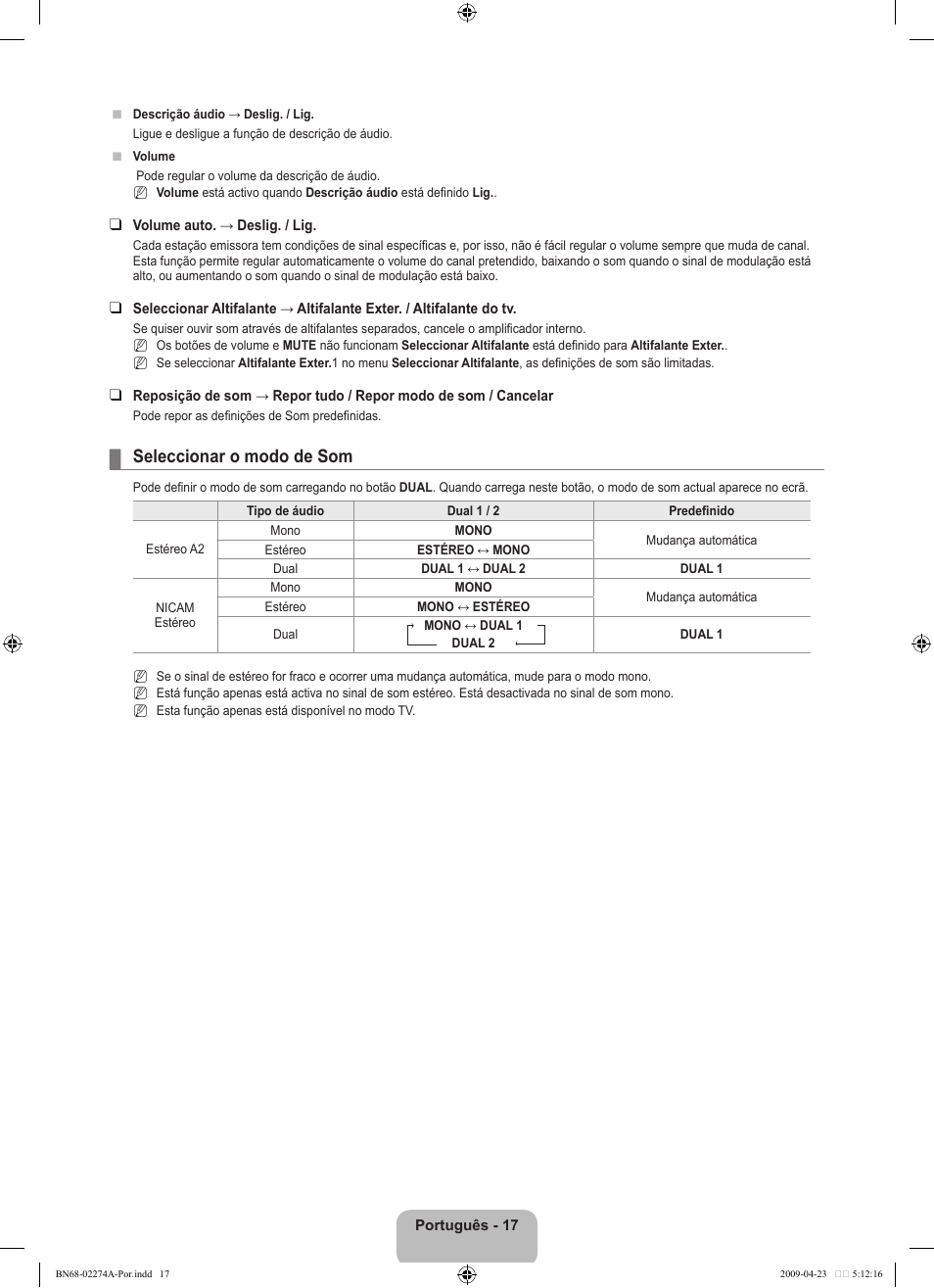 Seleccionar o modo de som | Samsung LE32B530P7N User Manual | Page 201 / 282