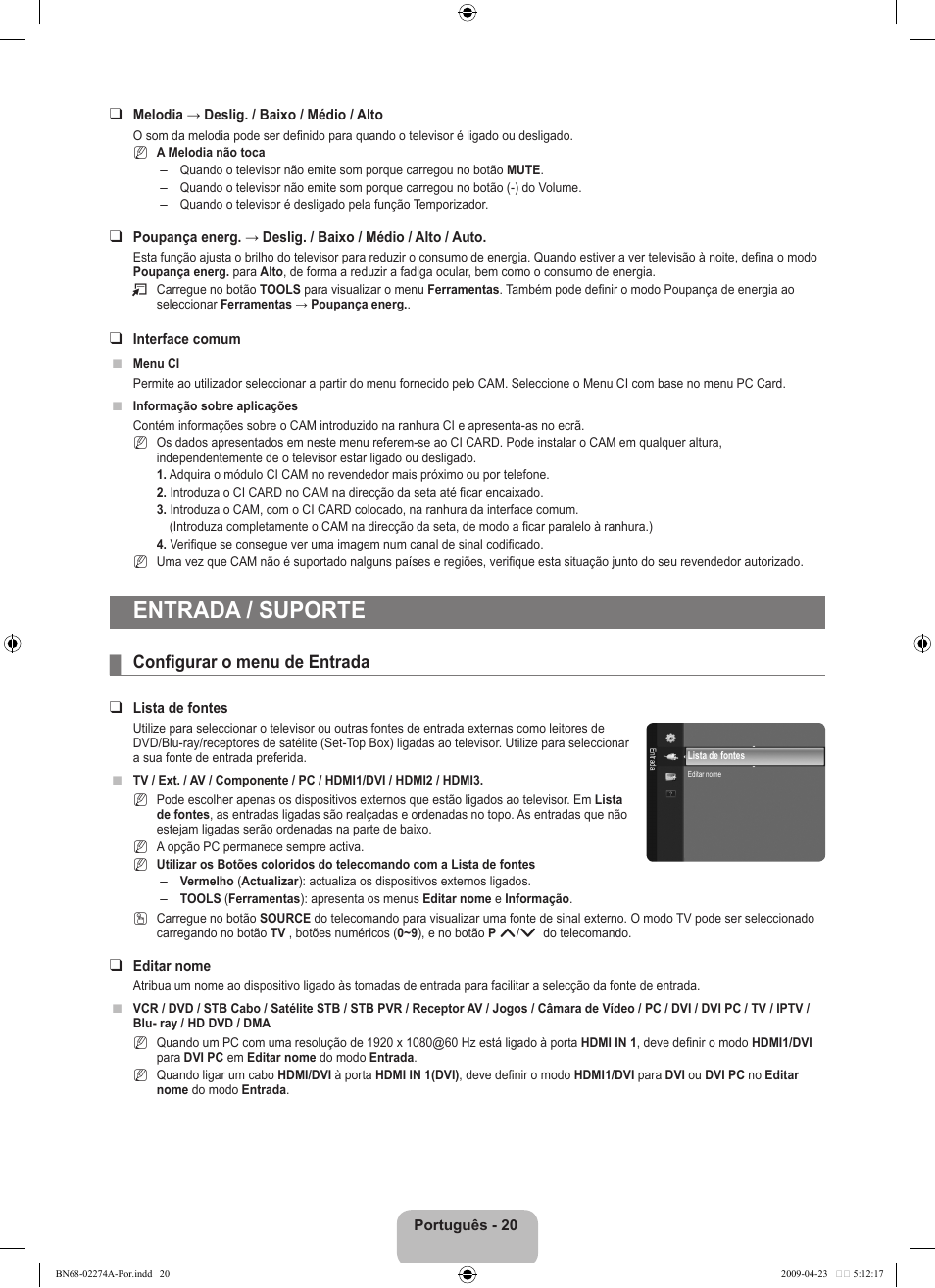 Entrada / suporte, Configurar o menu de entrada | Samsung LE32B530P7N User Manual | Page 204 / 282