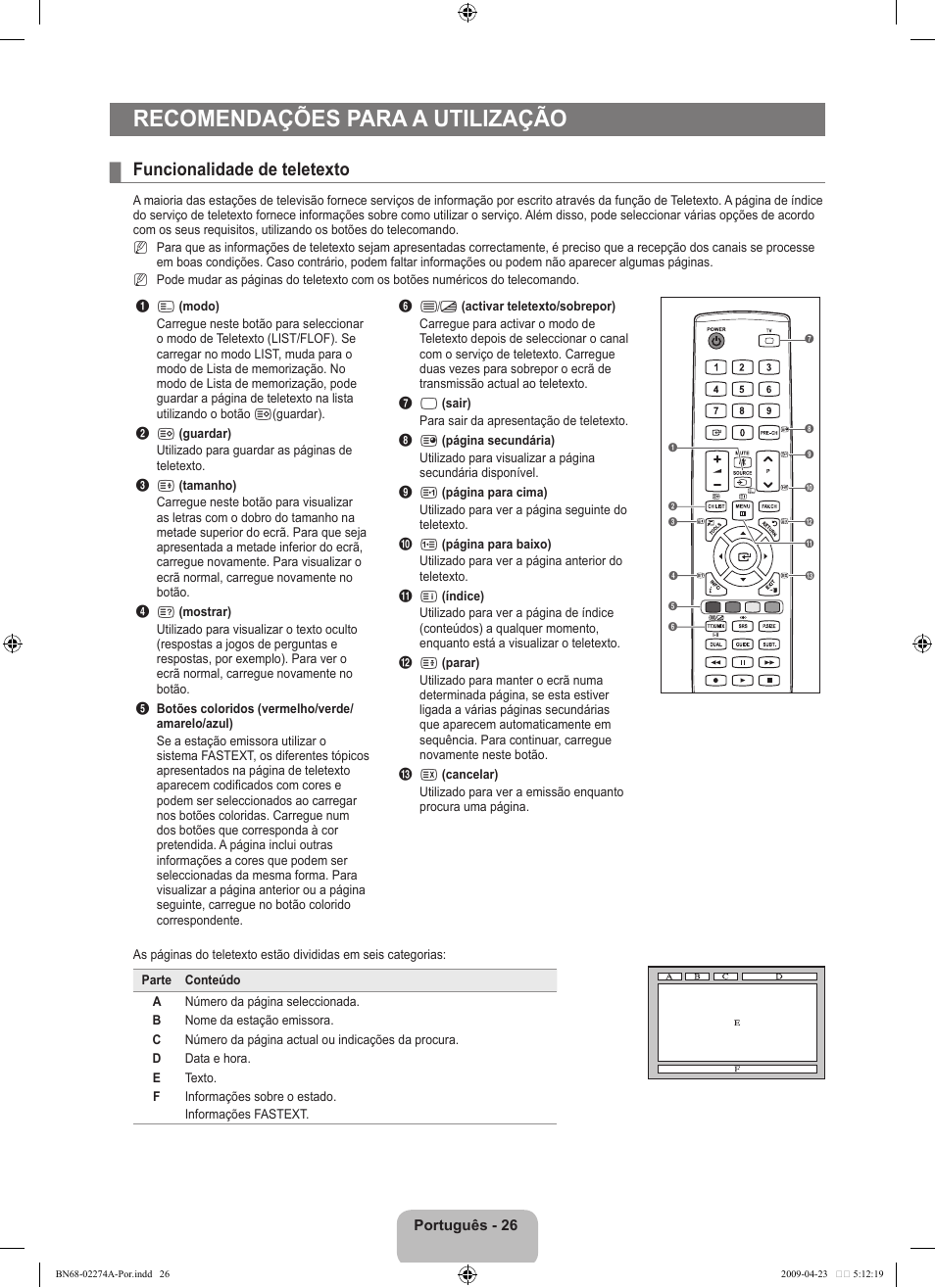 Recomendações para a utilização, Funcionalidade de teletexto | Samsung LE32B530P7N User Manual | Page 210 / 282