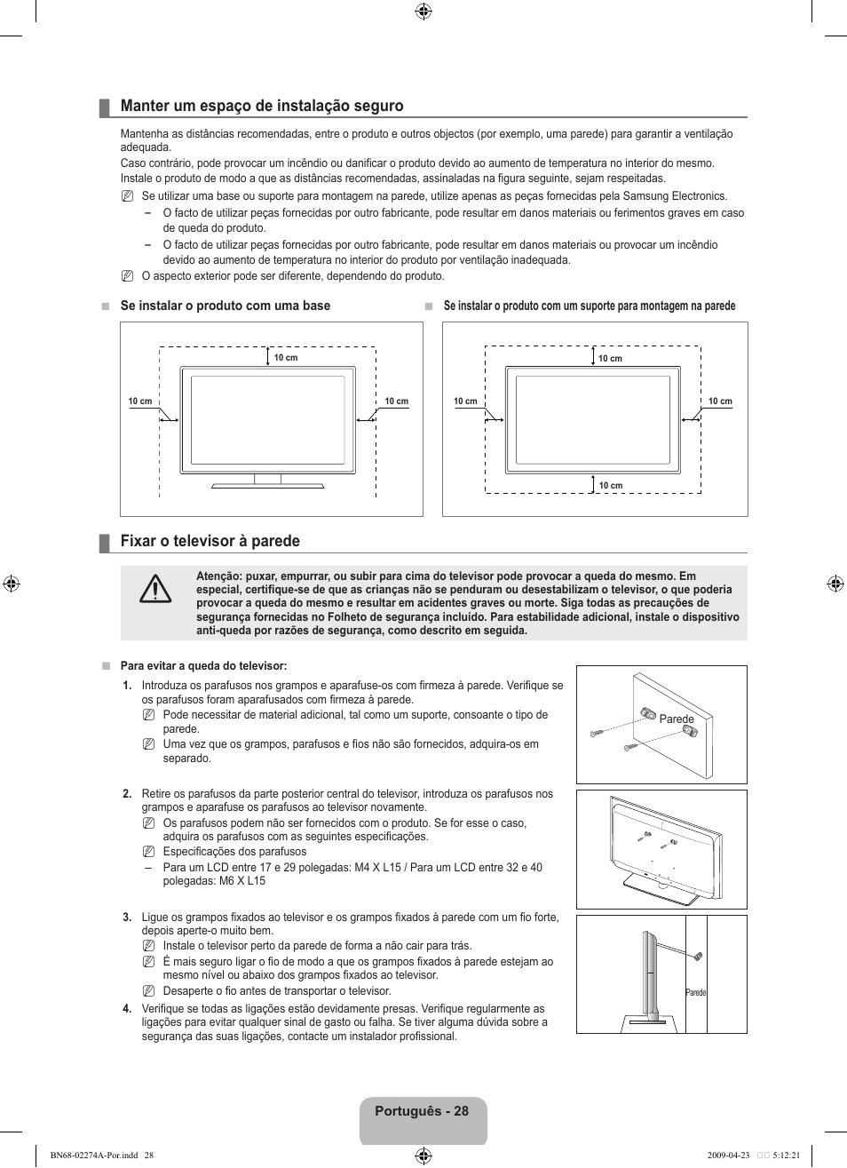 Manter um espaço de instalação seguro, Fixar o televisor à parede | Samsung LE32B530P7N User Manual | Page 212 / 282