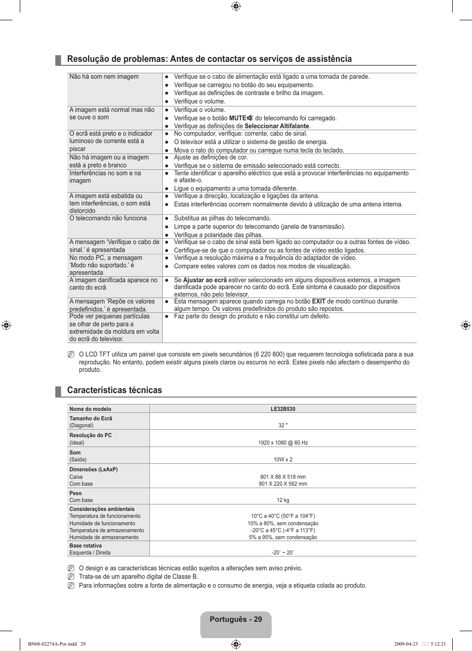 Características técnicas | Samsung LE32B530P7N User Manual | Page 213 / 282