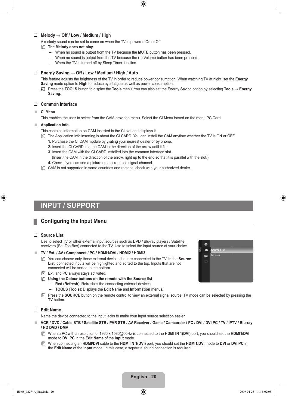Input / support, Configuring the input menu | Samsung LE32B530P7N User Manual | Page 22 / 282