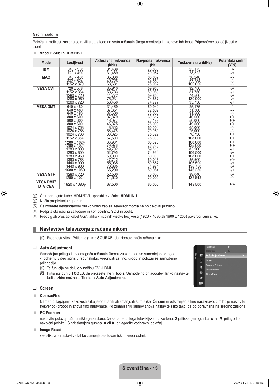 Nastavitev televizorja z računalnikom | Samsung LE32B530P7N User Manual | Page 229 / 282