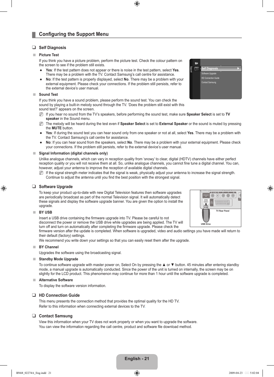 Configuring the support menu | Samsung LE32B530P7N User Manual | Page 23 / 282